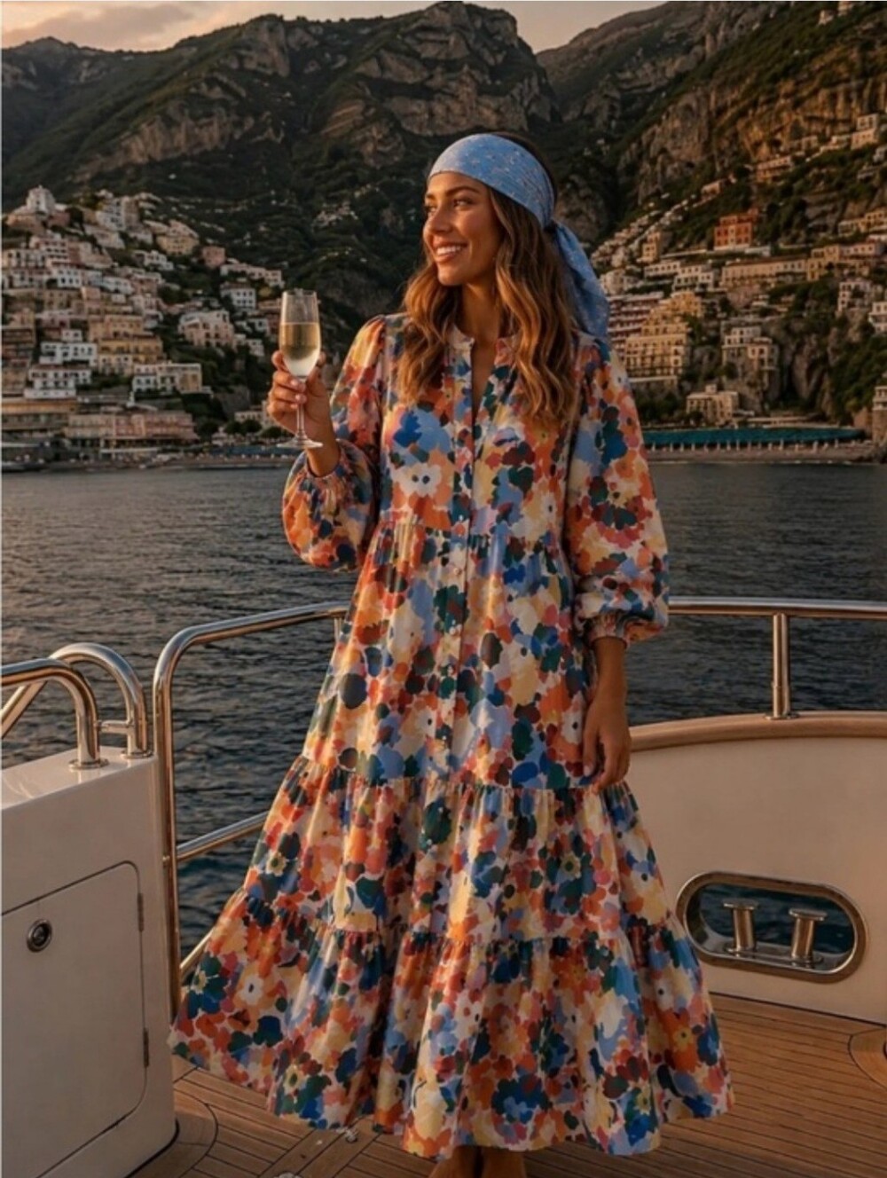 Floral Multi-Color Tiered Maxi Dress With Puff Sleeves - Women